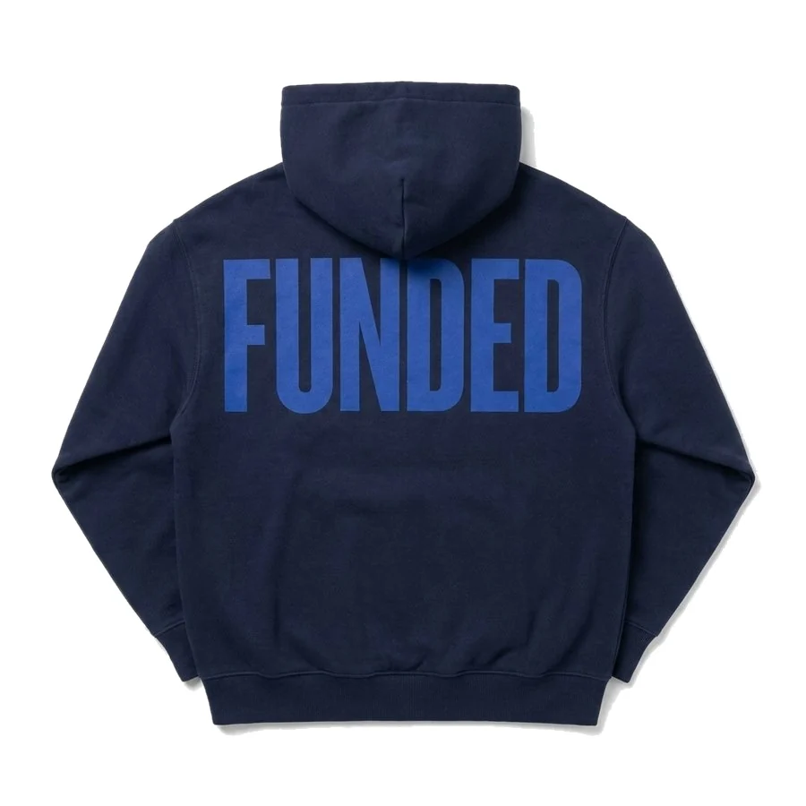 Back of the navy Funded Hoodie with FUNDED printed across the shoulders